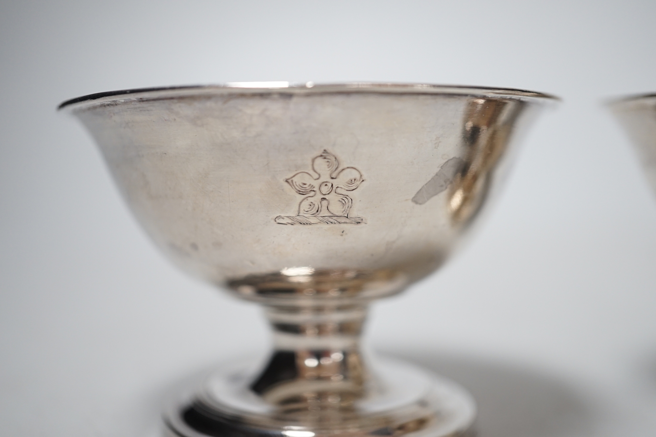 A pair of Matthew Boulton silver pedestal salt cellars, marks rubbed, height 5cm.